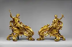 Pair of Rococo firedogs (chenets); circa 1750; gilt-bronze; dimensions of the first: 52.7 × 48.3 × 26.7&nbsp;cm, of the second: 45.1 × 49.1 × 24.8&nbsp;cm; Metropolitan Museum of Art