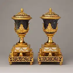 British Neoclassical pair of perfume burners; probably circa 1770; derbyshire spar, tortoiseshell, and wood, Carrara marble base, gilded brass mounts, gilded copper liner; 33&nbsp;cm ×&nbsp;14.3&nbsp;cm ×&nbsp;14.3&nbsp;cm (13.0&nbsp;in ×&nbsp;5.6&nbsp;in ×&nbsp;5.6&nbsp;in); Metropolitan Museum of Art