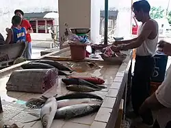 Some Chanos chanos, a chunk of Makaira indica, several scombrids and a stingray, Dasyatis kuhlii at a palengke in Dalaguete, Cebu