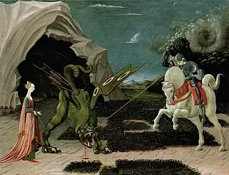 Saint George and the Dragon; by Paolo Uccello; c. 1470; oil on canvas; 55.6 x 74.2&nbsp;cm; National Gallery (London)[154]