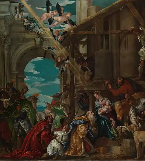 Adoration of the Magi Veronese (1573). Verdigris with lead white