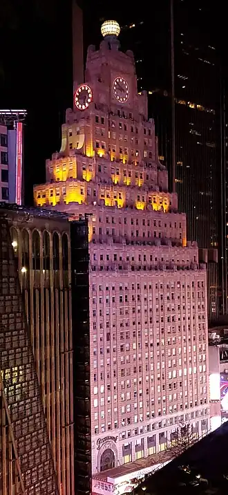 The building as seen from Broadway and 42nd Street at night