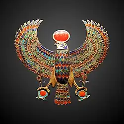 Pectoral of Horus with sundisk; circa 1325 BC; gold with gemstones; width: 12.6&nbsp;cm; Egyptian Museum (Cairo)