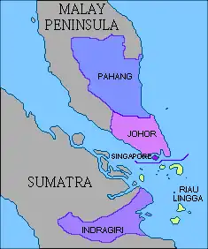 Map showing the partition of the Johor Empire before and after the Anglo-Dutch Treaty of 1824, with the post-partition Johor Sultanate shown in the brightest purple, at the tip of the Malay Peninsula[1]