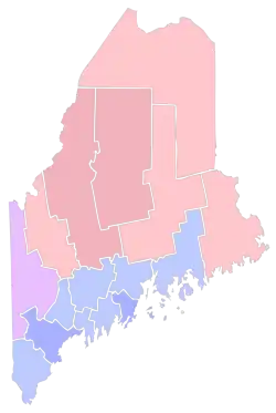 Party registration by Maine county (October 2022) &nbsp;&nbsp;Democrat >= 30% &nbsp;&nbsp;Democrat >= 40% &nbsp;&nbsp;Republican >= 30% &nbsp;&nbsp;Republican >= 40% &nbsp;&nbsp;Unenrolled >= 30%