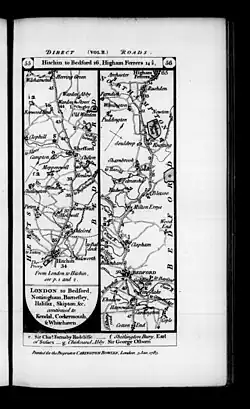 1785 map showing road from Hitchin to Bedford