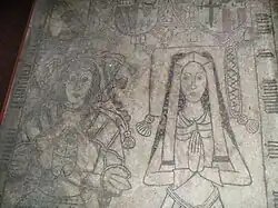 William Wynnesbury of Pillaton Hall and his wife. From their memorial, in the floor of the south chancel aisle, St. Michael's church. Their daughter, Alice, conveyed their estate to the Littletons of Pillaton Hall, the foundation of their fortune.