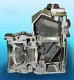 A cutaway view of a Praktica L2 showing the pentaprism.
