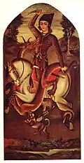 Painting of a Qajar era prince fighting a dragon