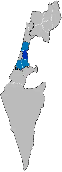 Central District in blue, with Petah Tikva Subdistrict in dark blue