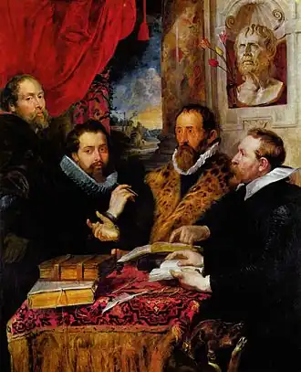 The Four Philosophers (c. 1615. Oil on panel; 167 x 143&nbsp;cm, Pitti Palace, Florence). In his friendship portrait of himself, his brother Philip Rubens, Justus Lipsius and Jan van den Wouwer (left to right), the painter Rubens's self-portrait on the left is an example of a figural repoussoir that is further accentuated by the flowing red curtain.
