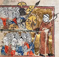 A miniature depicting a group of armed and unarmed people following a monk
