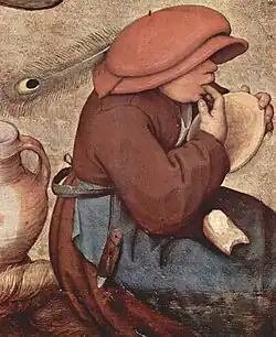 Pieter Bruegel the Elder, 1568, Boy from The Peasant Wedding; the hat gives the gender.