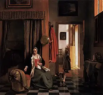 Pieter de Hooch, Woman Lacing Her Bodice Beside a Cradle, c. 1660-63