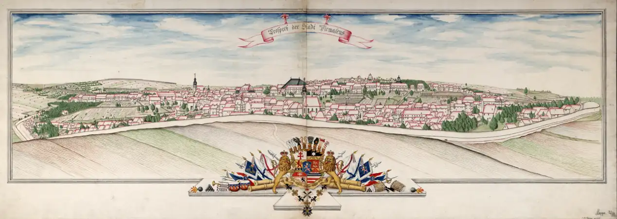 1790 City view of Pirmasens from the North with the palace in the middle, left of the drill house with the large blue roof