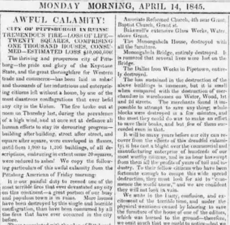 newspaper article with headlines of Awful Calamity! City of Pittsburgh in Ruins