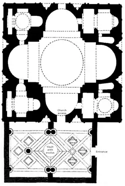 Plan of the church and the gavit. The church followed a traditional Byzantine design, while the gavit in front of it was in Seljuk caravanserai style.