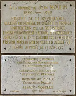 Tribute to French Resistance leader Jean Moulin in the hall of the railway station, in which he is believed to have died.