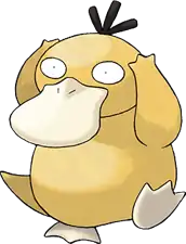 Official artwork of Psyduck, a yellow, duck-like Pokémon.