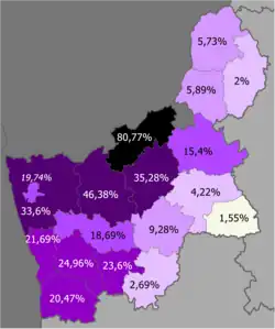 Poles in the region &nbsp;&nbsp;>50% &nbsp;&nbsp;30–50% &nbsp;&nbsp;20–30% &nbsp;&nbsp;10–20% &nbsp;&nbsp;5–10% &nbsp;&nbsp;2–5% &nbsp;&nbsp;<2%