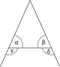The pons asinorum or bridge of asses theorem states that in an isosceles triangle, α&nbsp;=&nbsp;β and γ&nbsp;=&nbsp;δ.