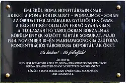 Plaque in Óbuda-Békásmegyer, Budapest, marking the Roma Holocaust; it was unveiled on 2 August 2021.