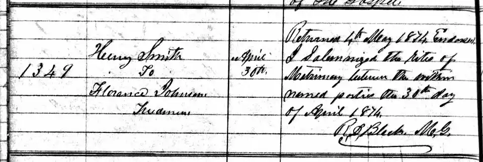 Likely marriage record of Florence Johnson; the note below their names reads Freedmen