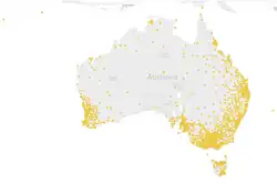 Map of Australia showing postcodes of people who began a MindSpot screening assessment in 2016–17