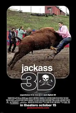 a man being charged by a Buffalo in a muddy rodeo ring with three guys watching in the background. The title "jackass 3D" appears below along with the credits and MPAA rating.