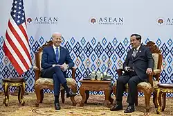 Prime Minister Hun Sen meets with President Joe Biden during the ASEAN Summit in Phnom Penh on November 12, 2022.
