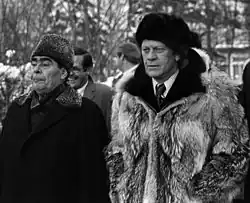 Soviet leader Leonid Brezhnev, President Ford and Rumsfeld in Vladivostok, Russian SFSR, Soviet Union, November 1974
