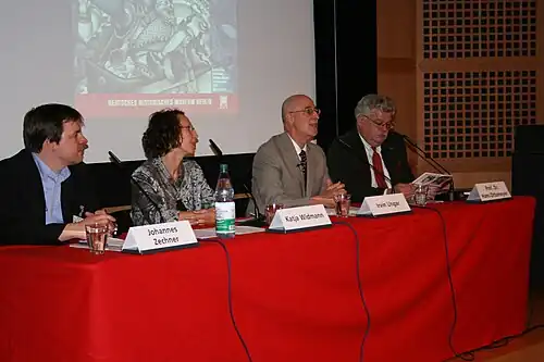 DHM Curators Johannes Zechner and Katja Widmann with Irvin Ungar and Hans Ottomeyer, Director of the Deutsches Historisches Museum, at a press conference for "Arthur Szyk: Drawing Against National Socialism and Terror" in 2008