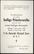 Reverse side of the in memoriam card for the ordination to priesthood and the first mass of a member of the Congregatio Missionariorum a Sancta Familia in 1940