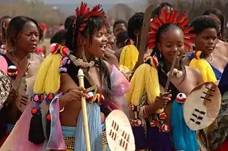 Swazi royals with small, ornamental shields, i.a. associated with Nomkhubulwana ceremonies[7]: 115 
