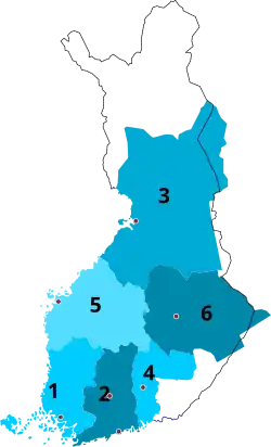 1776-1809 1&nbsp;Turku and Pori 2&nbsp;Uusimaa and Tavastia 3&nbsp;Oulu 4&nbsp;Kymenkartano 5&nbsp;Vaasa 6&nbsp;Savonia and Karelia
