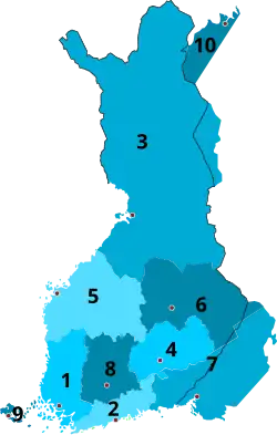 1921 &nbsp;&nbsp;1&nbsp;Turku and Pori &nbsp;&nbsp;2&nbsp;Uusimaa &nbsp;&nbsp;3&nbsp;Oulu &nbsp;&nbsp;4&nbsp;Mikkeli &nbsp;&nbsp;5&nbsp;Vaasa &nbsp;&nbsp;6&nbsp;Kuopio &nbsp;&nbsp;7&nbsp;Viipuri &nbsp;&nbsp;8&nbsp;Tavastia &nbsp;&nbsp;9&nbsp;Åland 10&nbsp;Petsamo