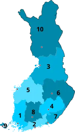 1945-1947 &nbsp;&nbsp;1&nbsp;Turku and Pori &nbsp;&nbsp;2&nbsp;Uusimaa &nbsp;&nbsp;3&nbsp;Oulu &nbsp;&nbsp;4&nbsp;Mikkeli &nbsp;&nbsp;5&nbsp;Vaasa &nbsp;&nbsp;6&nbsp;Kuopio &nbsp;&nbsp;7&nbsp;Kymi &nbsp;&nbsp;8&nbsp;Tavastia &nbsp;&nbsp;9&nbsp;Åland 10&nbsp;Lapland