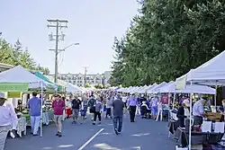 A picture of the farmers market. White tents line a street filled with people.