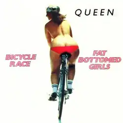 Rear view of a woman, wearing only a thong which partially exposes her buttocks, riding a bicycle against a white background. On the top right in black text is the band's name; the song's name is on the right side in pink text, while "Bicycle Race" is on the left.