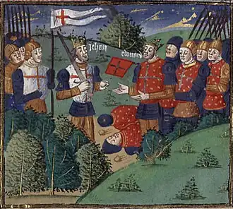 A stylised Medieval colour illustration of several men in armour, two wearing crowns, facing each other