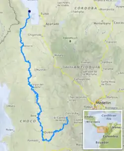 Atrato river rises in the slopes of the Western Cordillera, flows to the Gulf of Urabá and total length is about 650&nbsp;km (400&nbsp;mi).