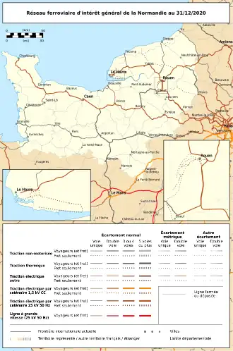 Map of rail transport infrastructure in Normandy (in 2024), part of which is used by TER commercial links.