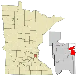Location of the city of White Bear Lake within Ramsey and Washington Counties in the state of Minnesota