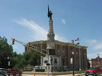 Randolph County Courthouse and veterans' monument in downtown Winchester