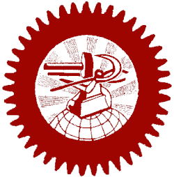 Red gear with a hammer, sickle, anvil and tongs