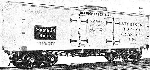 A rare double-door refrigerator car used the "Hanrahan System of Automatic Refrigeration" as built by ACF, circa 1898. The car had a single, centrally located ice bunker which was said to offer better cold air distribution. The two segregated cold rooms were well suited for less-than-carload (LCL) shipments.