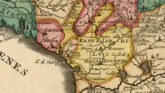 Detail of a French map of Italy from c. 1700–1750 showing the territory of the Republic of Lucca. The map was designed by Nicolas Sanson (1600–1667) and published after his death by Covens & Mortier.