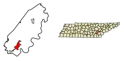 Location of Dayton in Rhea County, Tennessee.