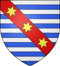 Arms of Richard de Valoines: Barruly of 14 argent and azure on a bend gules three mullets of six points or (1285)