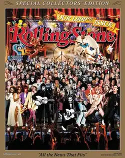 The cover of the 1000th edition of Rolling Stone, titled 'Our 1000th issue', depicting numerous entertainers performing on a stage.